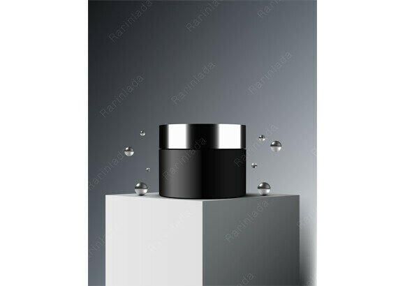 Black Cosmetic Jar on White Cube Podium: A Minimalist Design Essential for Luxury Beauty Branding