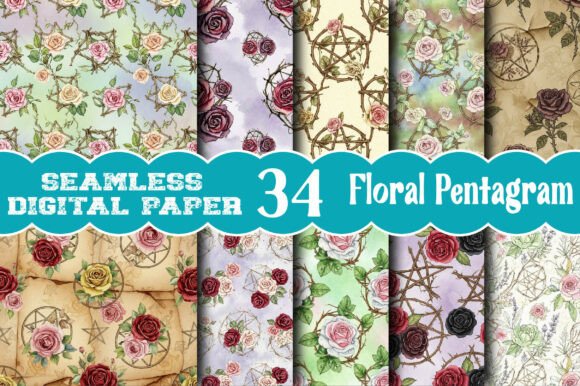 Floral Pentagram Seamless Pattern