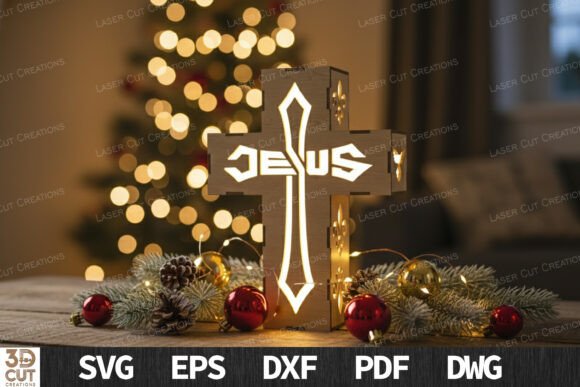 Jesus Cross Light Box SVG: Elevate Religious Design with Precision Laser Art