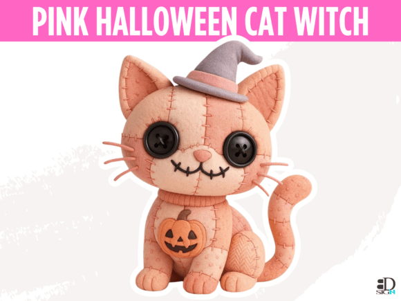 Pink Patchwork Halloween Cat Witch: A Design Asset for Creative Workflows