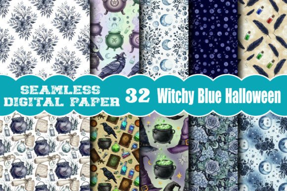 Seamless Witchy Blue Halloween Pattern
